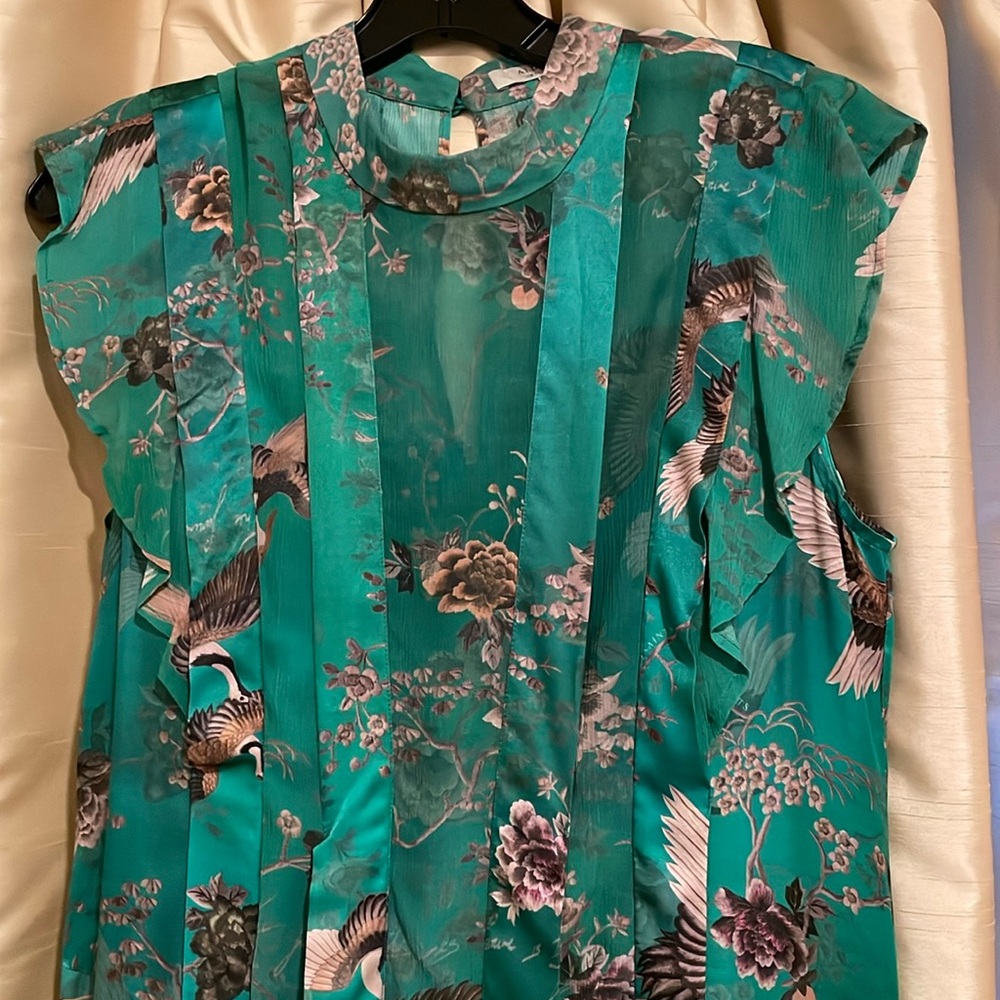 All Saints Fleur Asymmetric Hem Zig Mini Dress size 8 - green silk